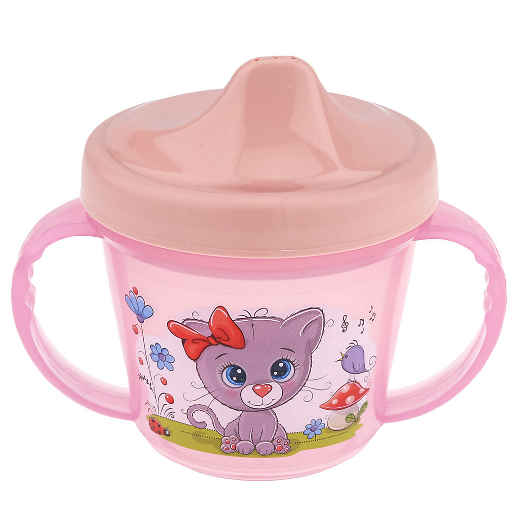 Поильник детский пластмассовый 0,2л, д8,1см, h10,3см, с ручками, розовый, с декором (Россия)