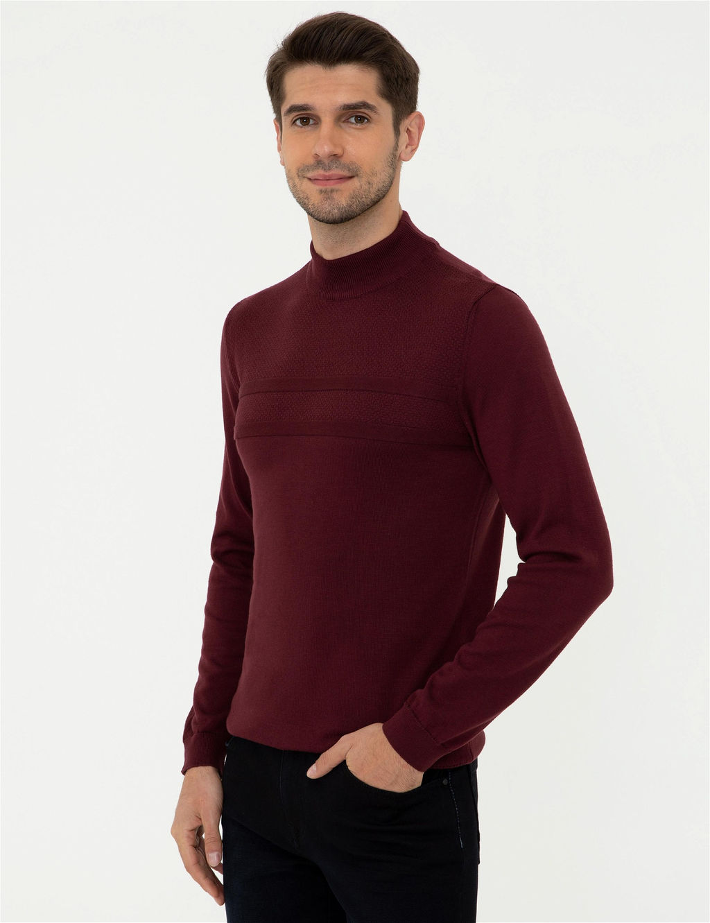 Bordo Slim Fit Yar_m Bal_k__ Yaka Triko Kazak