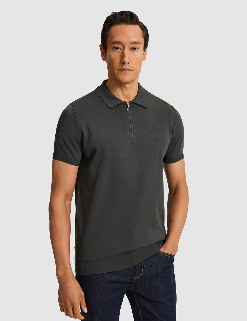 Haki Slim Fit Fermuarl_ Polo Yaka Triko T-shirt