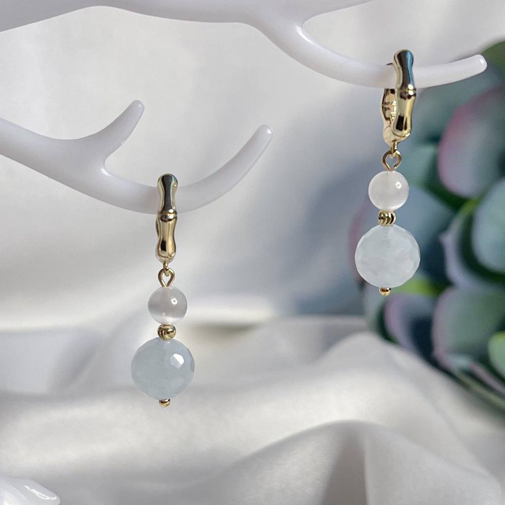 Серьги двойные из Аквамарина и Селенита