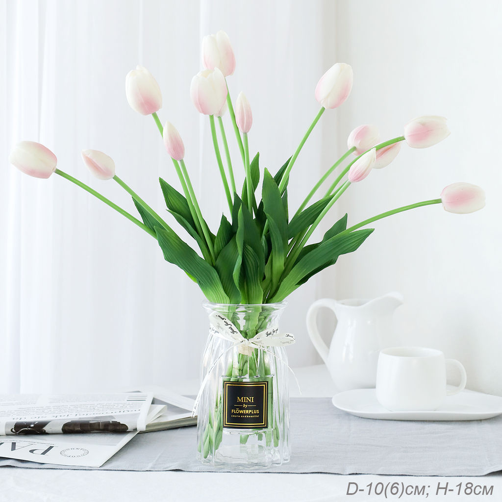 Ваза для цветов 18 см прозрачная с лентой этикетка / WRD-141 /уп 30/ без и/уп