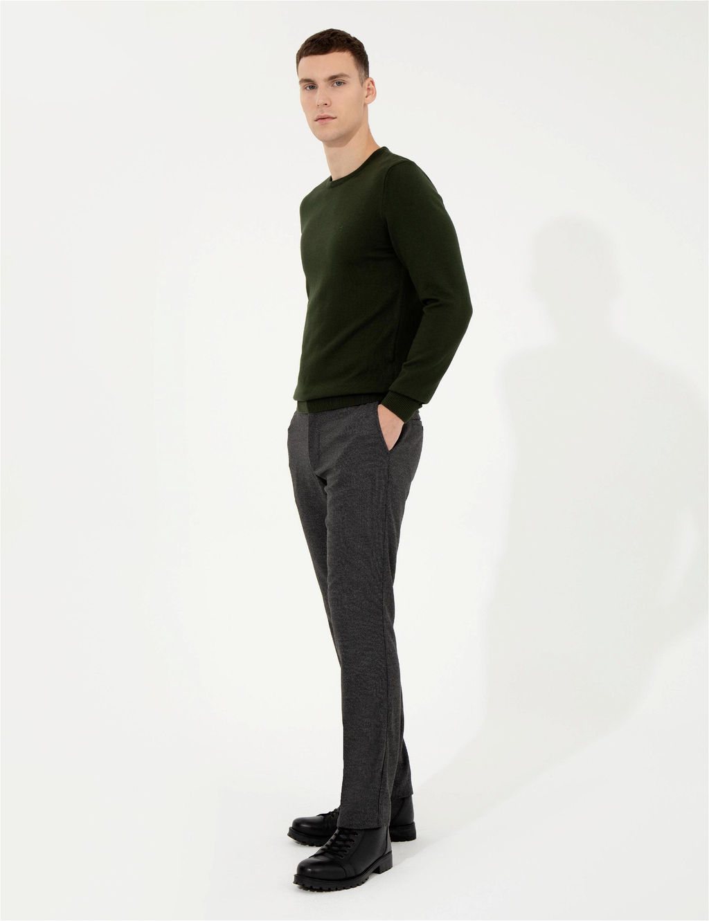 Koyu Ye_il Slim Fit Bisiklet Yaka Basic Triko Kazak