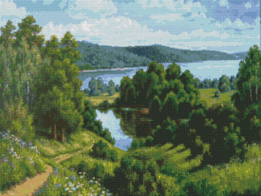 Вышивка крестиком 40х50см, Лес и озеро