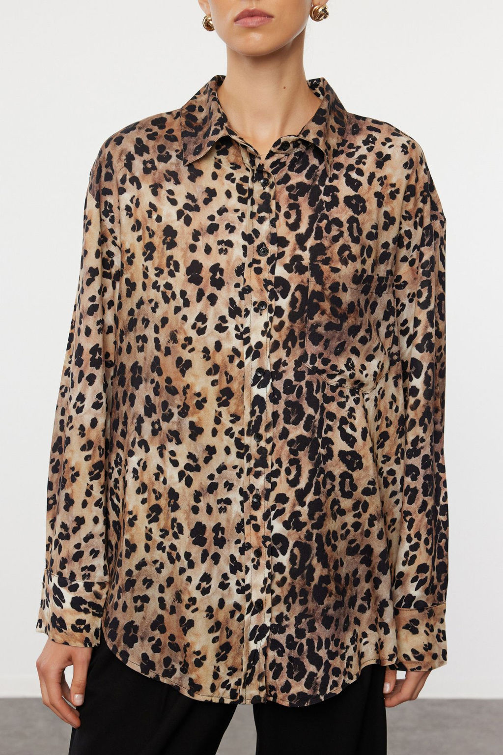 TRENDYOLMILLA Kahverengi Leopar Animal Desenli Oversize Dokuma Genis Kal?p Gomlek TWOAW25GO00050  фото 3