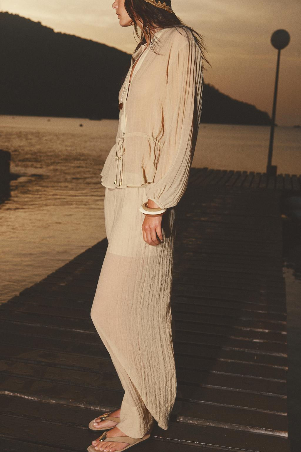 WIDE SEMI-SHEER CREASED-EFFECT TROUSERS - Zara фото 3