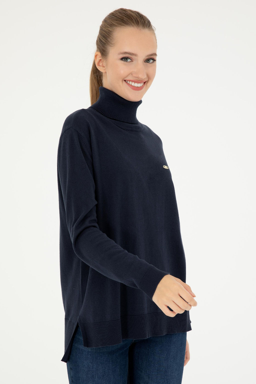 Женский темно-синий базовый свитер с высоким воротником - U.s. polo assn фото 3