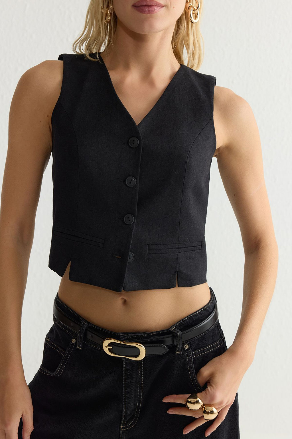 TRENDYOLMILLA Ac?k Haki Fitted Keten Gorunumlu V Yaka Crop Dokuma Yelek TWOSS25YE00028  фото 18