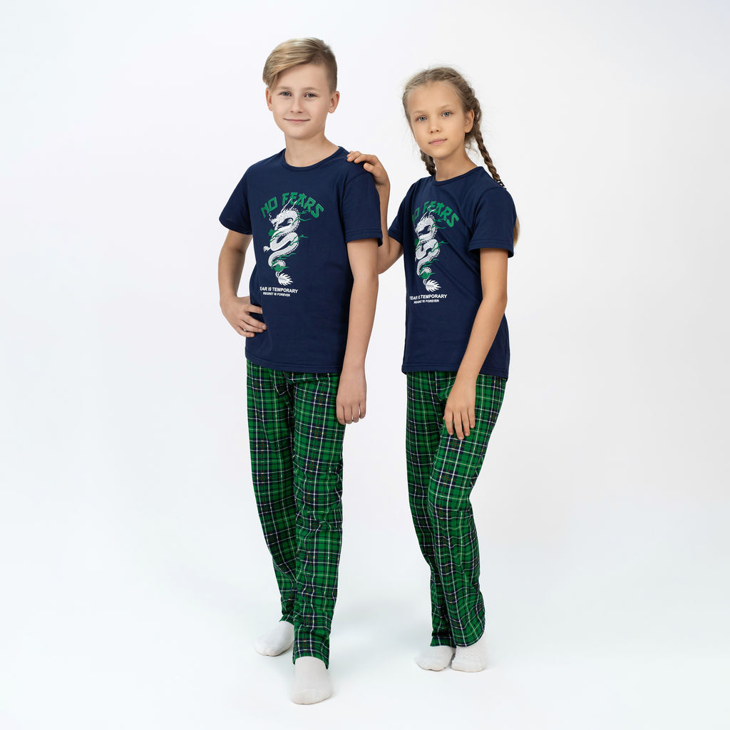 Пижама детская синяя/зеленая клетка дракон 827п/1 (122, 64)