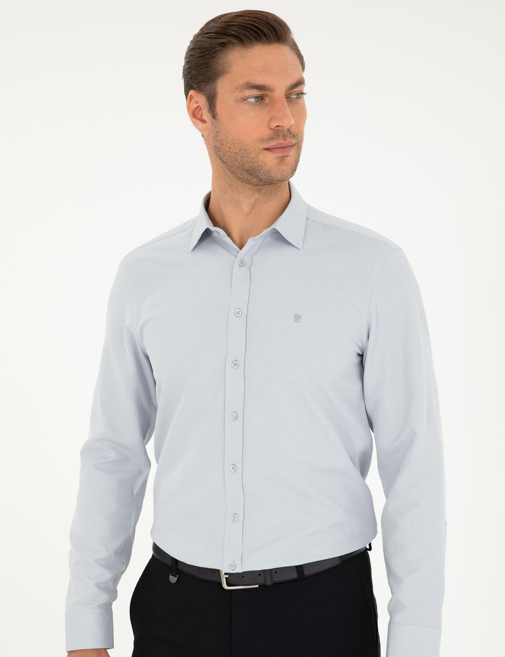 Gri Oxford Slim Fit Uzun Kollu G_mlek