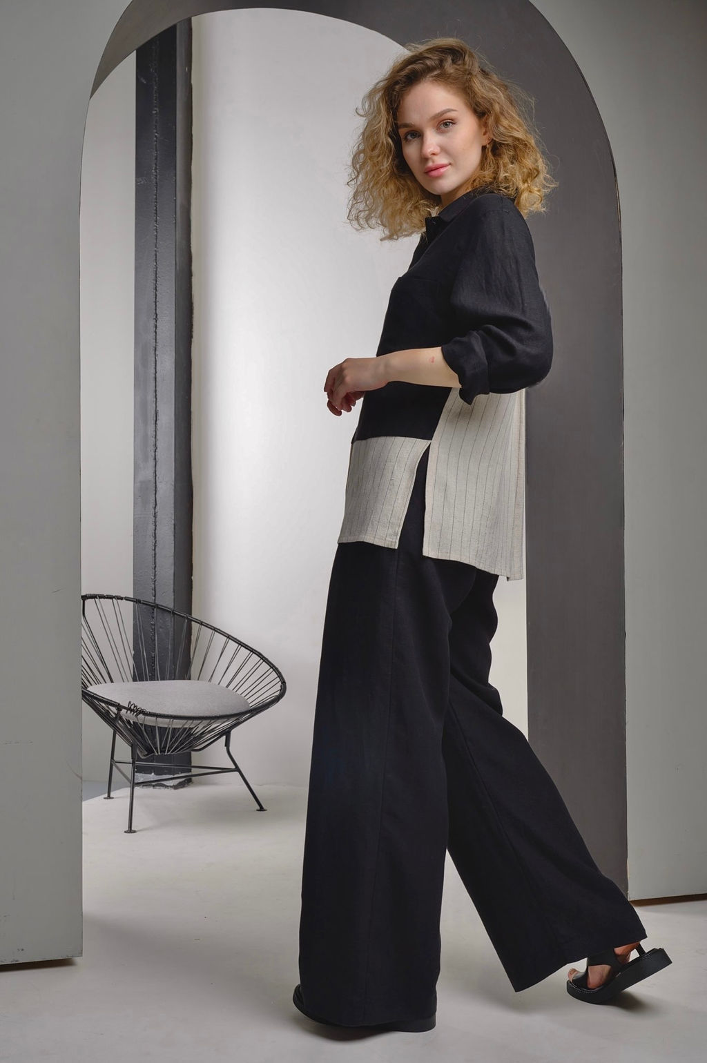 70% ЛЁН+30% ВИСКОЗА стильная комбинированная рубашка