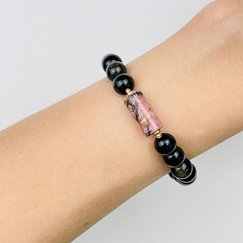 Браслет регулируемый мужской из Обсидиана и Родонита "Анахата" от 20 см