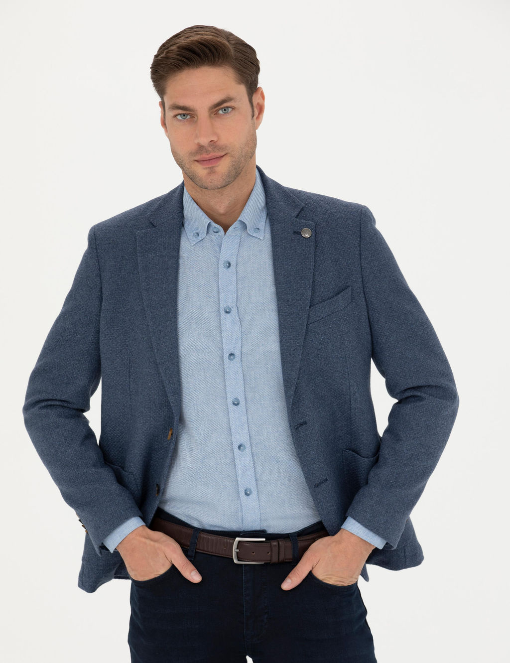 Koyu Mavi Slim Fit Y_n Kar___ml_ Ceket