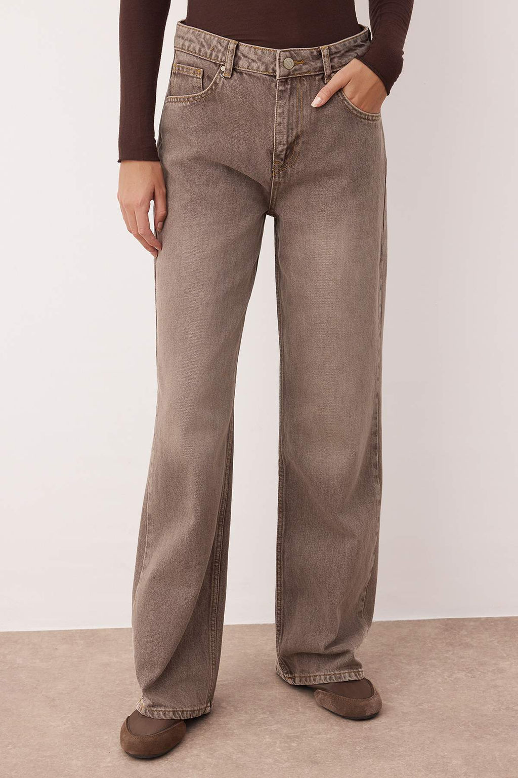 Camel Yuksek Bel Vintage Y?kama Genis Paca Wide Leg Jeans TWOAW26JE00124