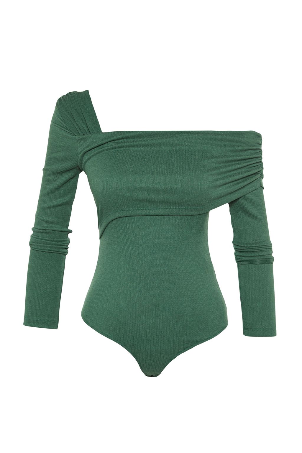 TRENDYOLMILLA Zumrut Yesili Asimetrik Yaka Drapeli Fitted/Vucuda Oturan Burumcuk C?tc?tl? Orme Body TWOAW23BD00043 фото 6