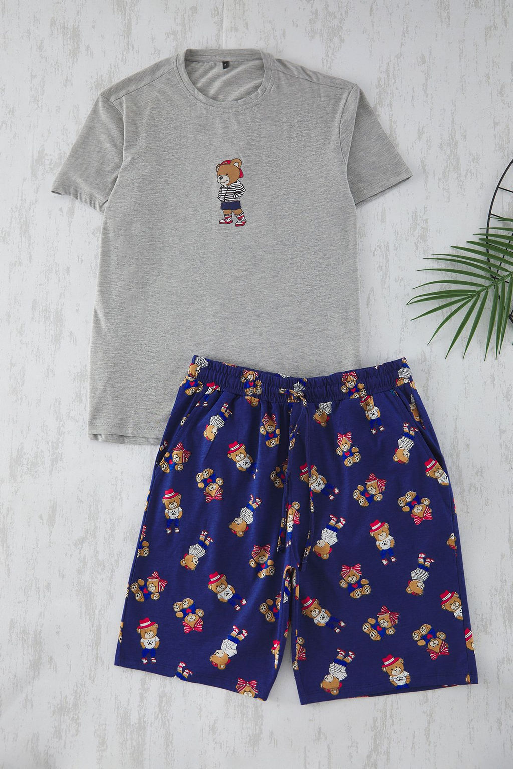 TRENDYOL MAN Gri Melanj- Lacivert Regular Fit Ay?c?k Bask?l? Bask?l? Sortlu Pijama Tak?m? TMNSS25PT00055 - Trendyolmilla фото 2