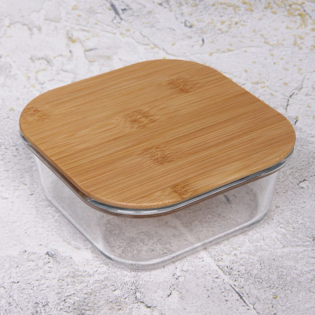 Контейнер стеклянный 700мл "Хай-Тек" квадратный с бамбуковой крышкой