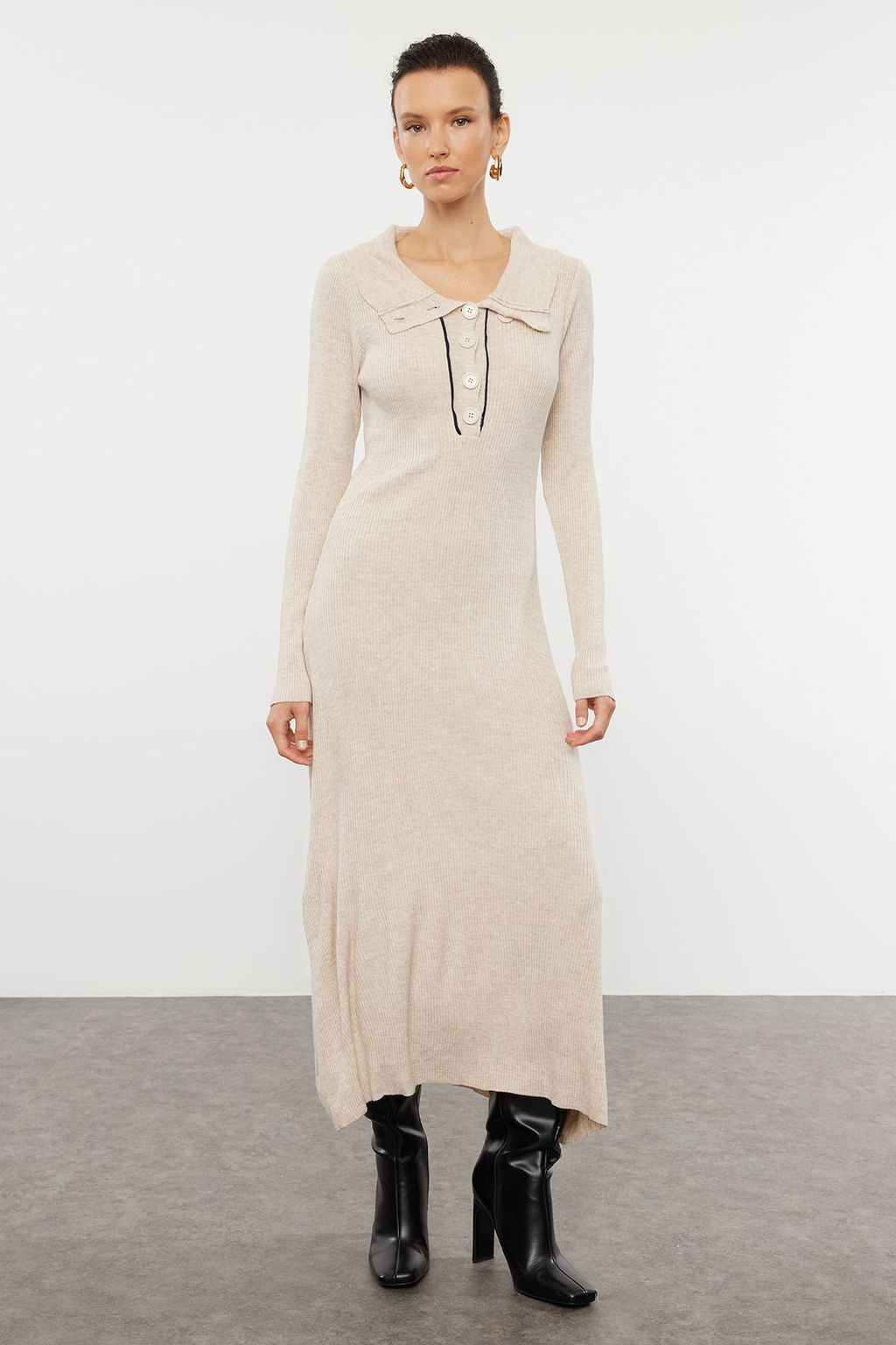 Tas Midi Triko Cizgili Biye Detayl? Elbise TWOAW25EL00007