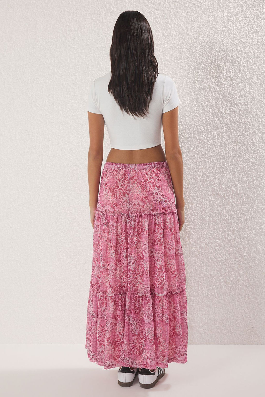 Pembe Tul Cicek bask?l? Buzgu/Drape Detayl? Esnek Etek TWOSS25ET00064