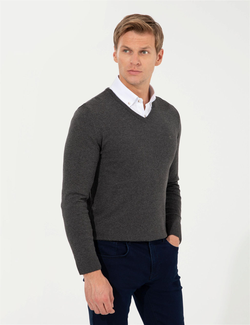 Gri Melanj Slim Fit V Yaka Basic Triko Kazak