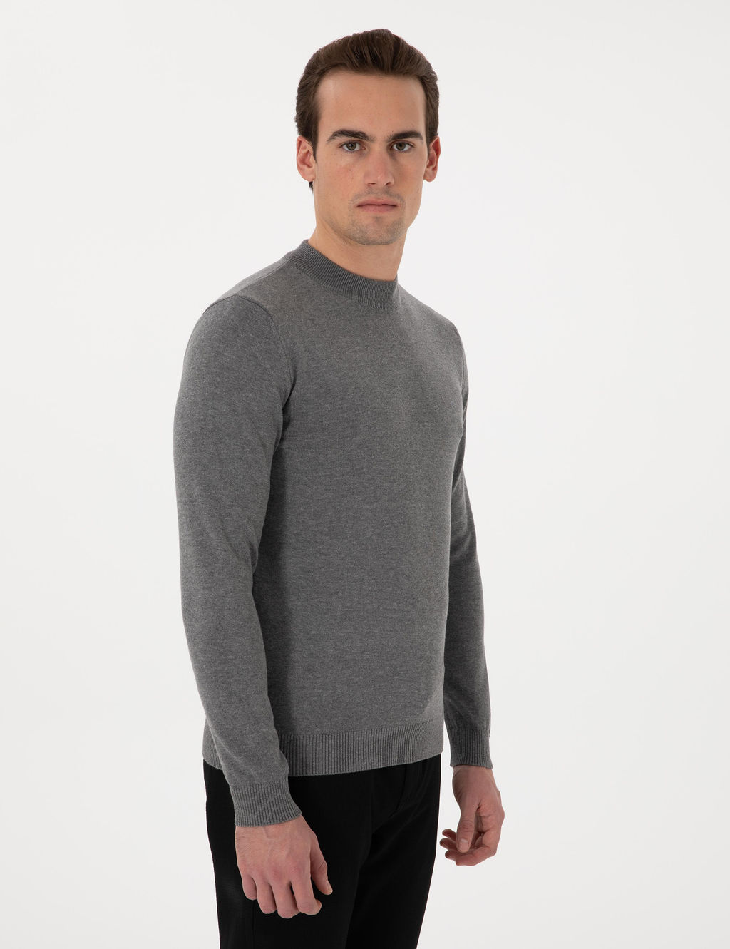 Gri Melanj Slim Fit _eyrek Yaka Basic Triko Kazak