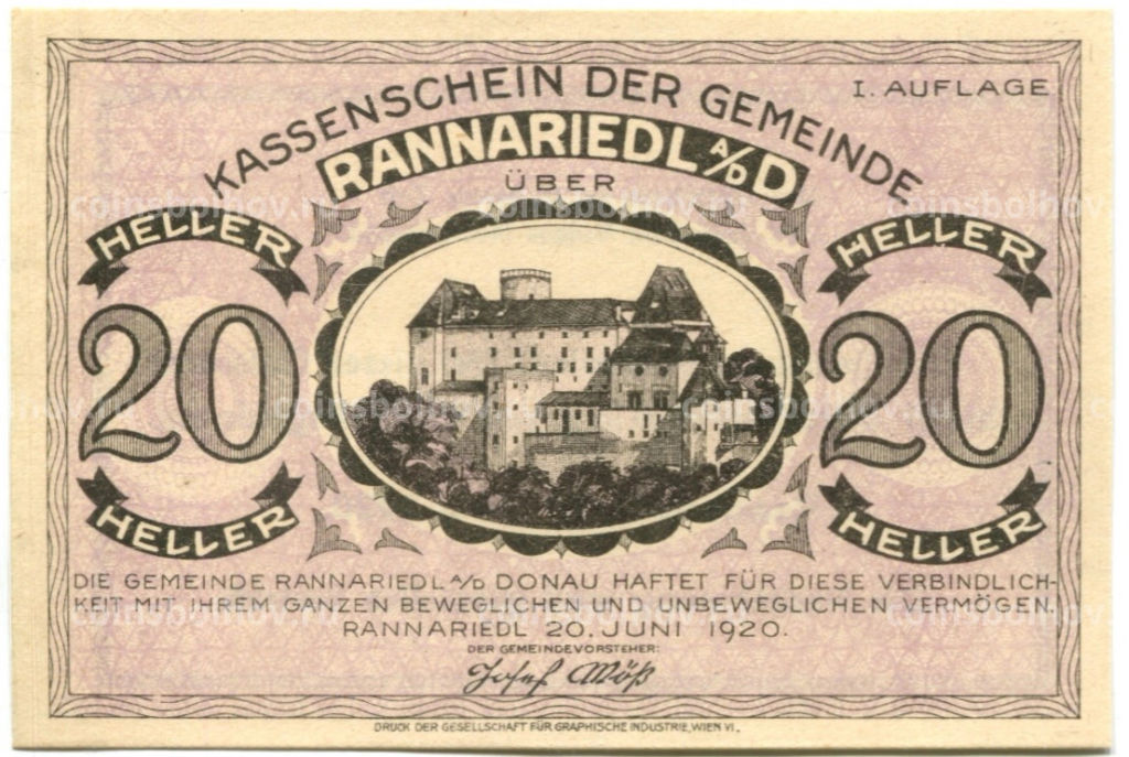 Банкнота 20 геллеров 1920 года Австрия Раннариедль (нотгельд)