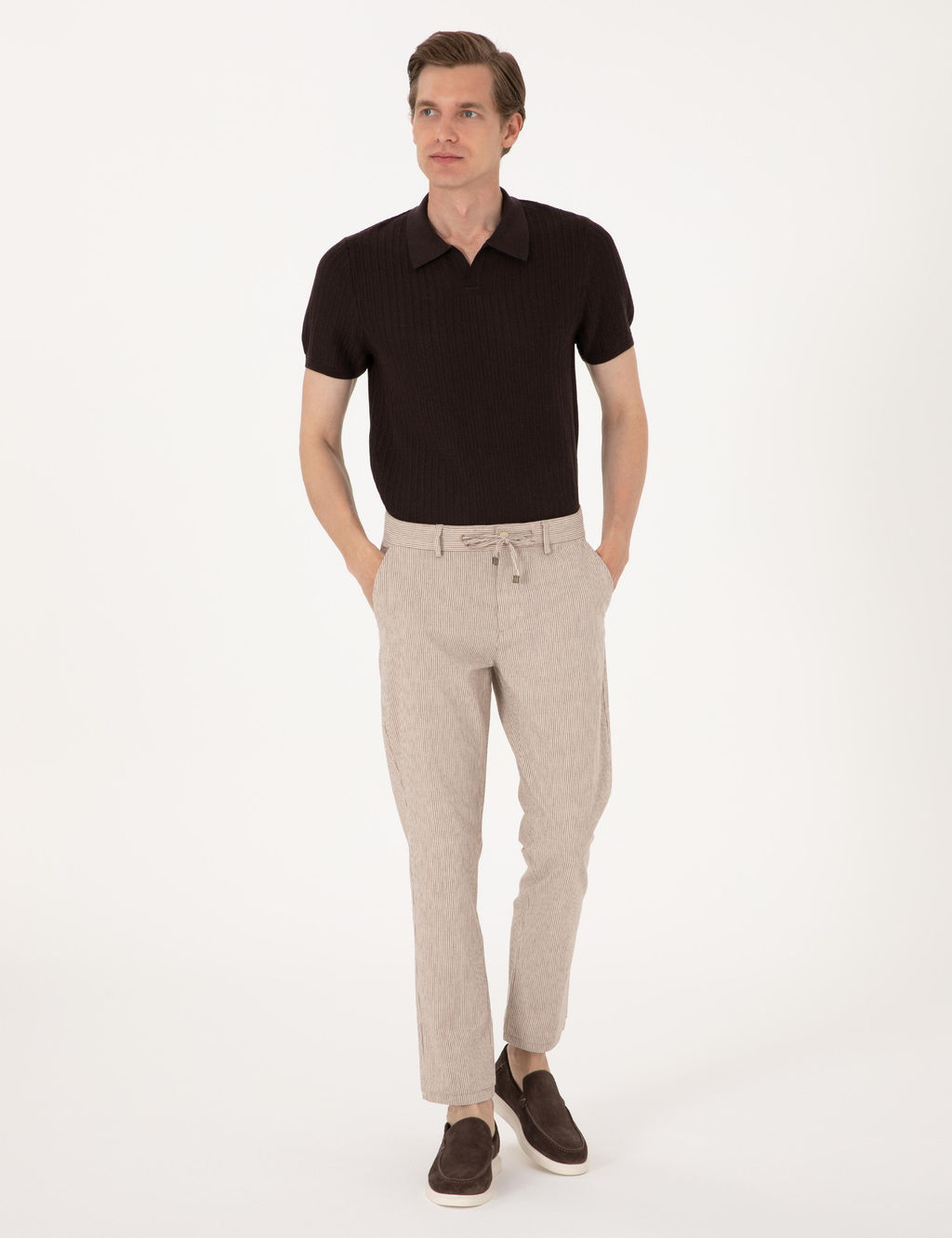 Bej Slim Fit Keten Kar___ml_ Beli _pli _izgili Kanvas Pantolon