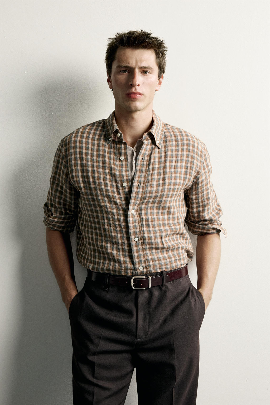 CAMISA CUADROS 100% LINO / Khaki - Zara фото 2