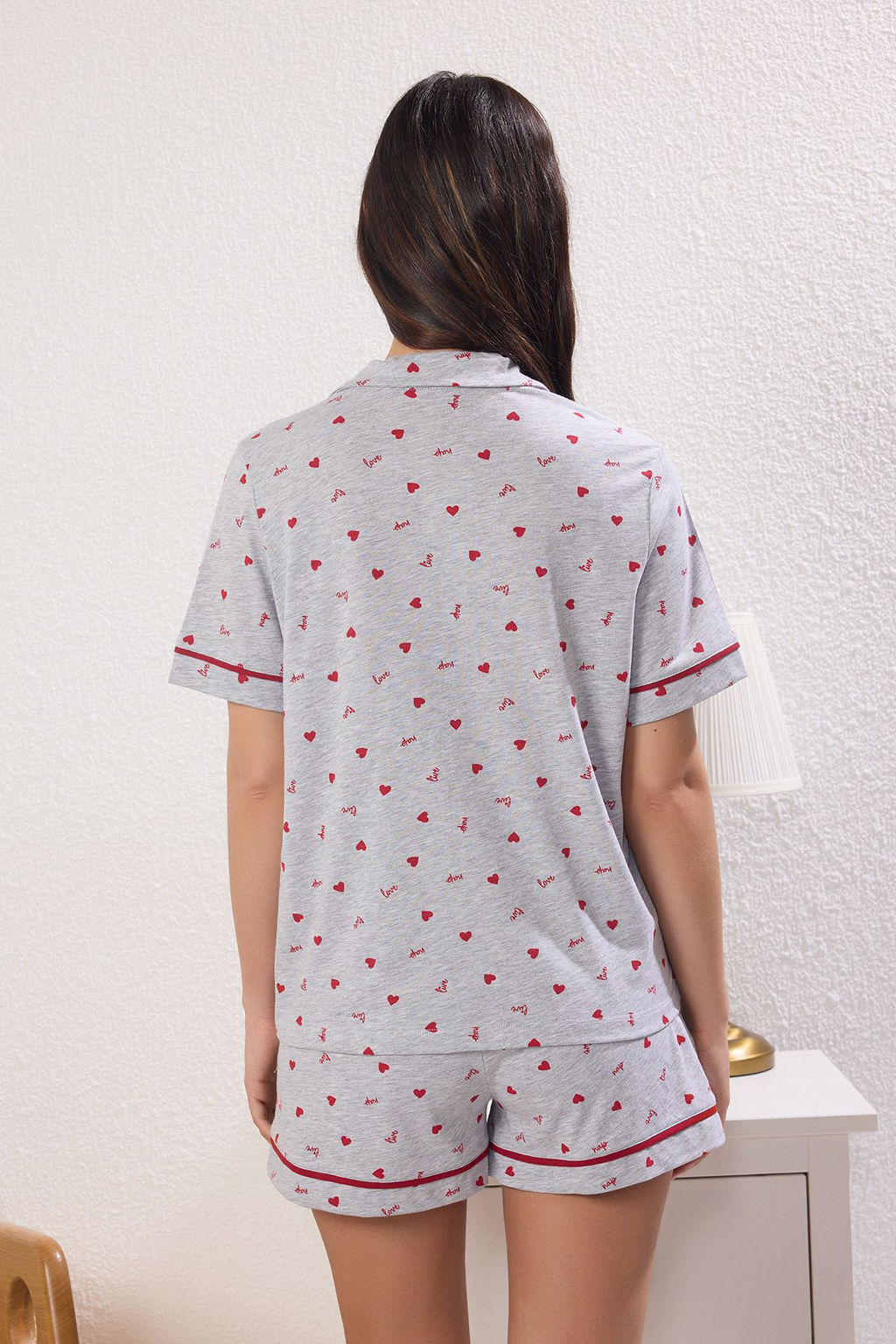 Trendyolmilla Gri Melanj %100 Pamuklu Kalpli ve Sloganl? Sortlu Orme Pijama Tak?m? THMSS25PT00405  фото 4