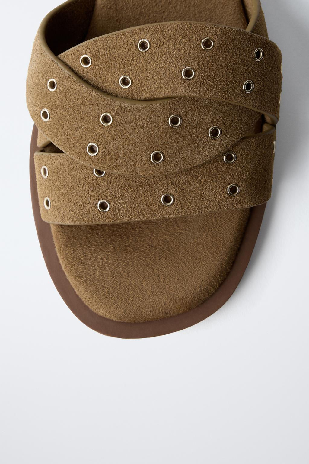 CROSS-STRAP FLAT SPLIT SUEDE SANDALS - Zara фото 6