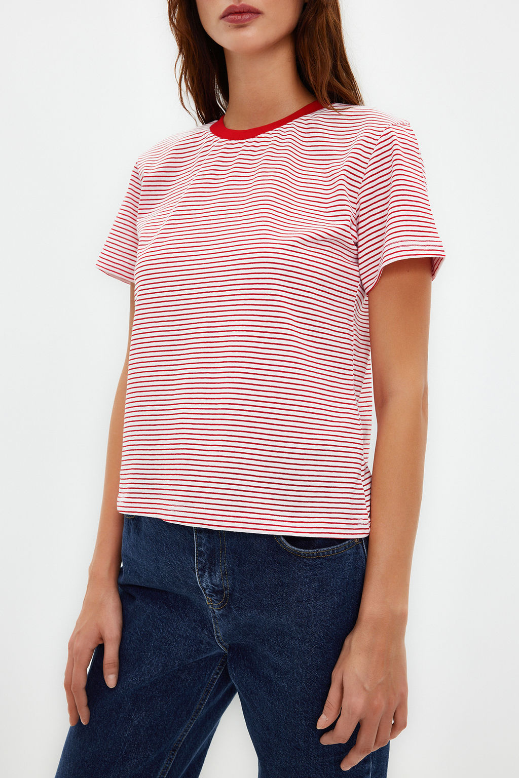 K?rm?z? Ekru Cizgili Kal?n Pamuklu Basic Regular/Normal Kal?p Orme T-Shirt TWOSS23TS00043