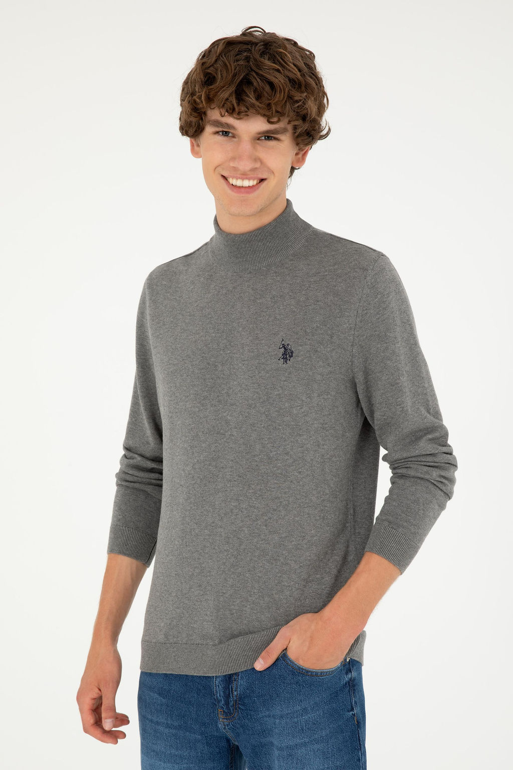 Свитер U.S. Polo Assn Slim Fit полуводолазка серый меланж из хлопка