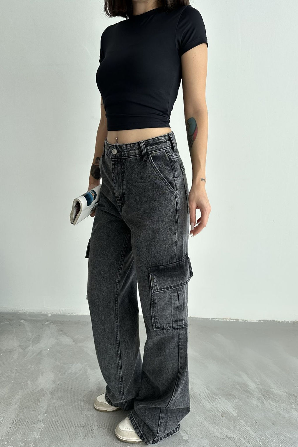 Antrasit Kargo Cepli Yuksek Bel Wide Leg Jeans TWOAW25JE00369