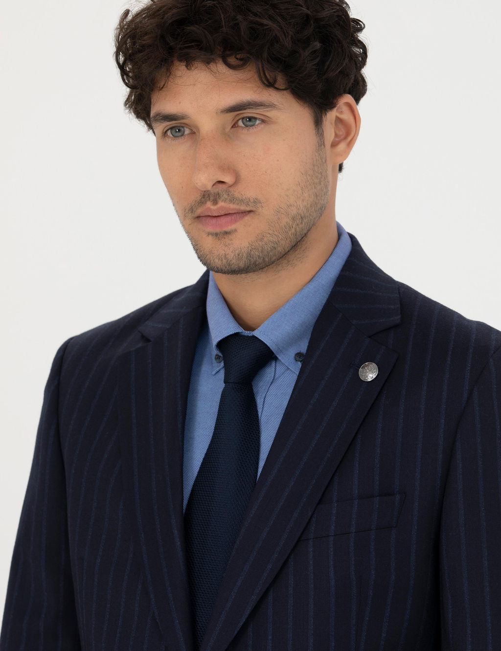 %100 Y_n Lacivert _izgili Ekstra Slim Fit Tak_m Elbise