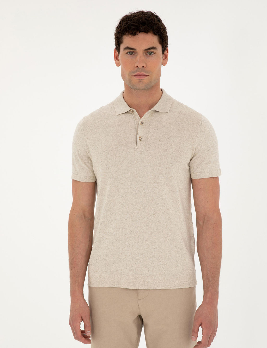 Bej Slim Fit D__meli Polo Yaka Keten Kar___ml_ Triko Ti__rt