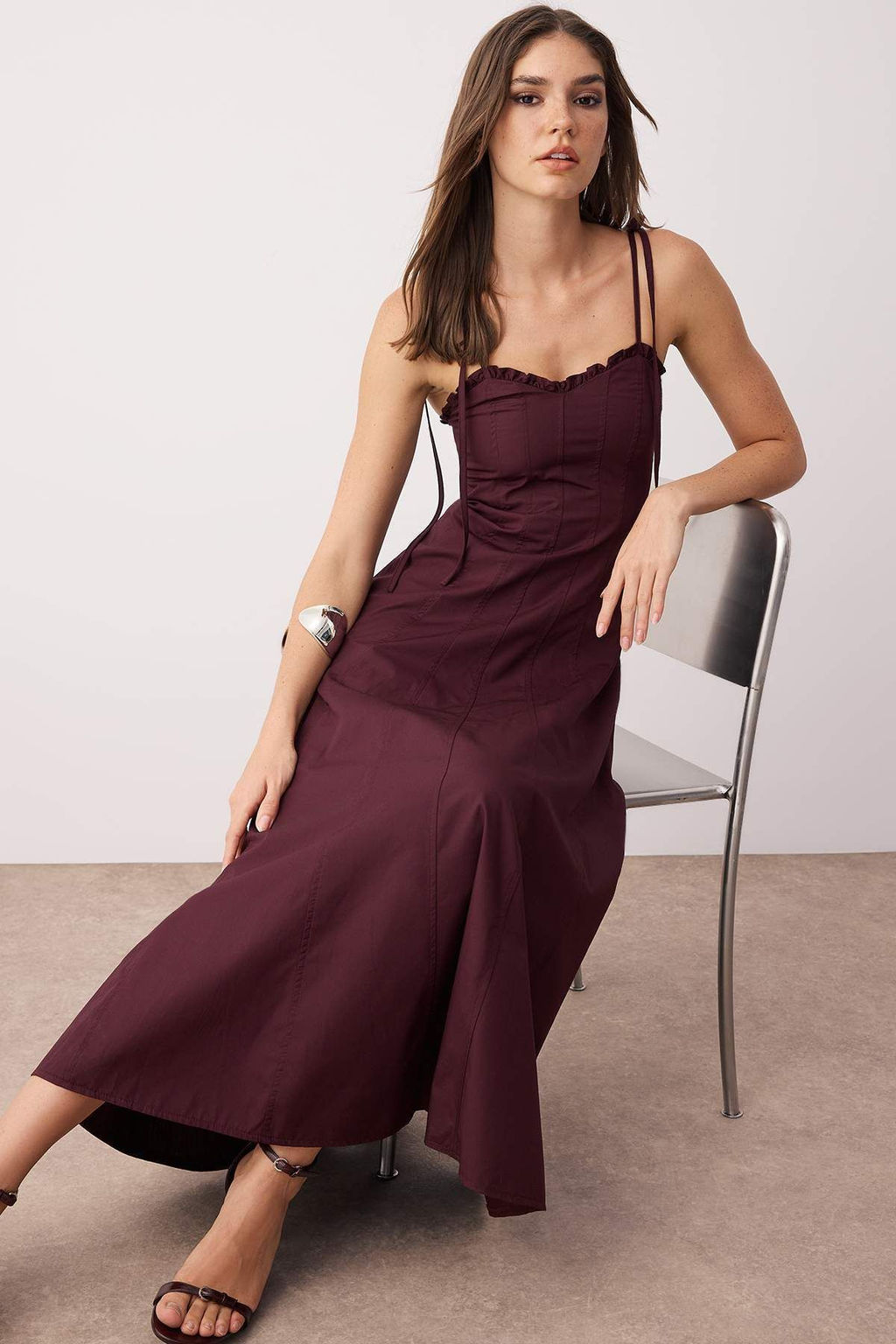 Koyu Bordo Belden Ac?lan Dokuma Maxi Elbise TWOSS25EL00870 - Trendyolmilla фото 7