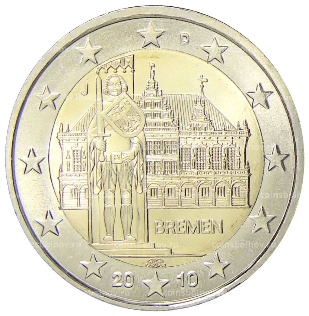 2 евро 2010 года J Германия Городская ратуша и Роланд, Бремен