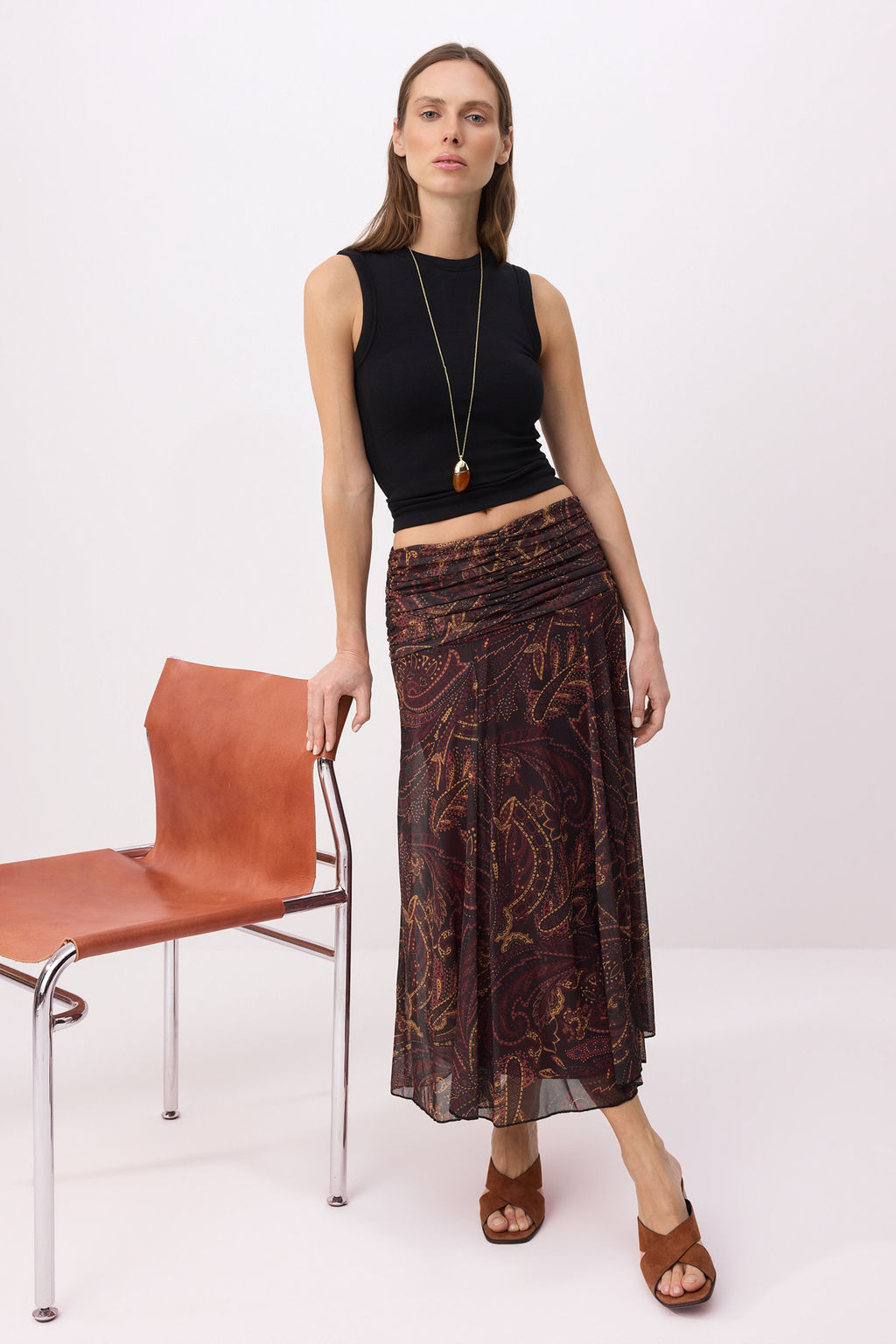Cok Renkli Maxi Buzgu/Drape Detayl? Boho/Boho Chic Baskl?l? Tul Esnek Orme Etek TWOAW26ET00122 - Trendyolmilla фото 9