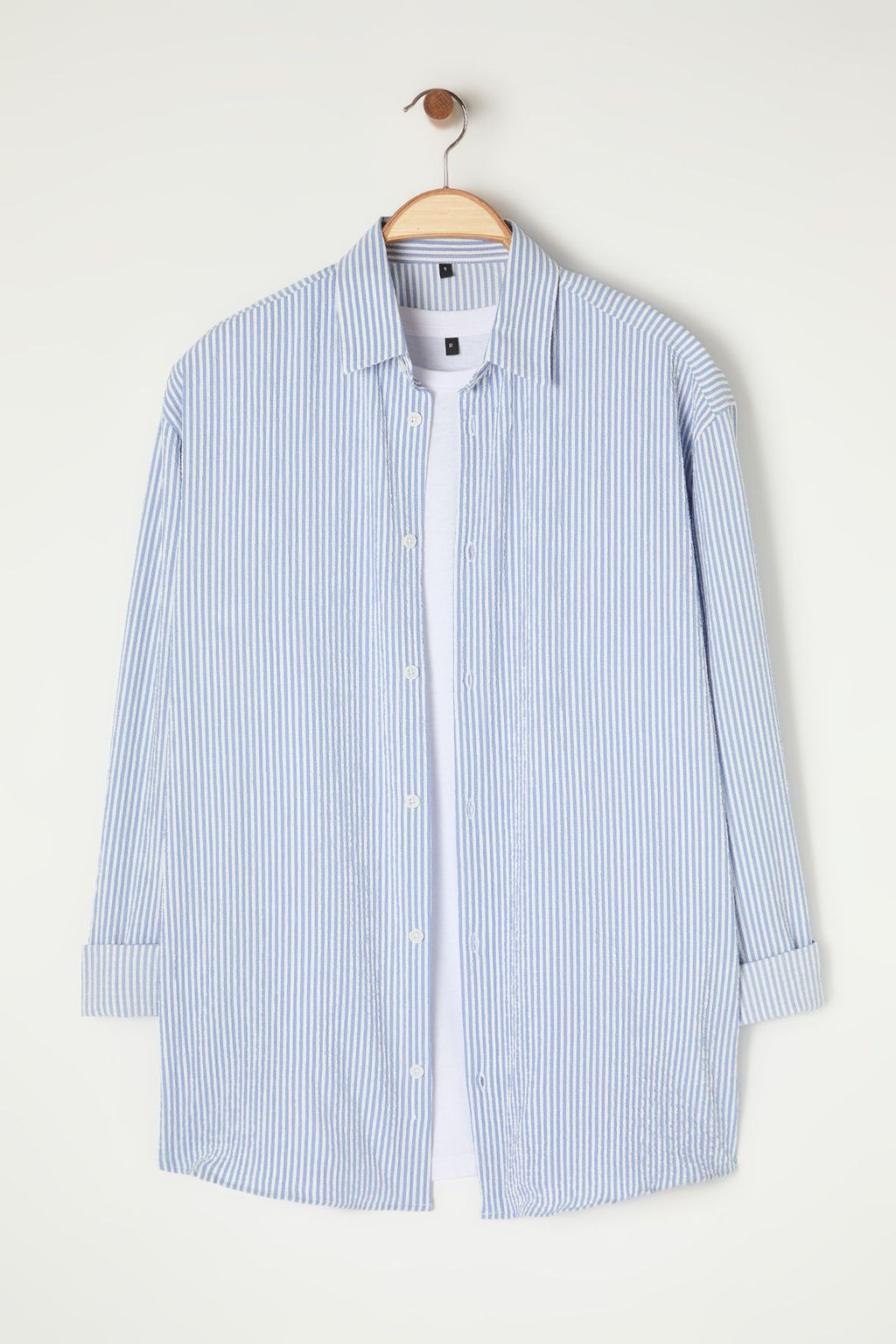 TRENDYOL MAN Mavi Oversize Cizgili Gofre Esnek Rahat Kumas Orme Gomlek TMNSS25GO00024 - Trendyolmilla фото 7