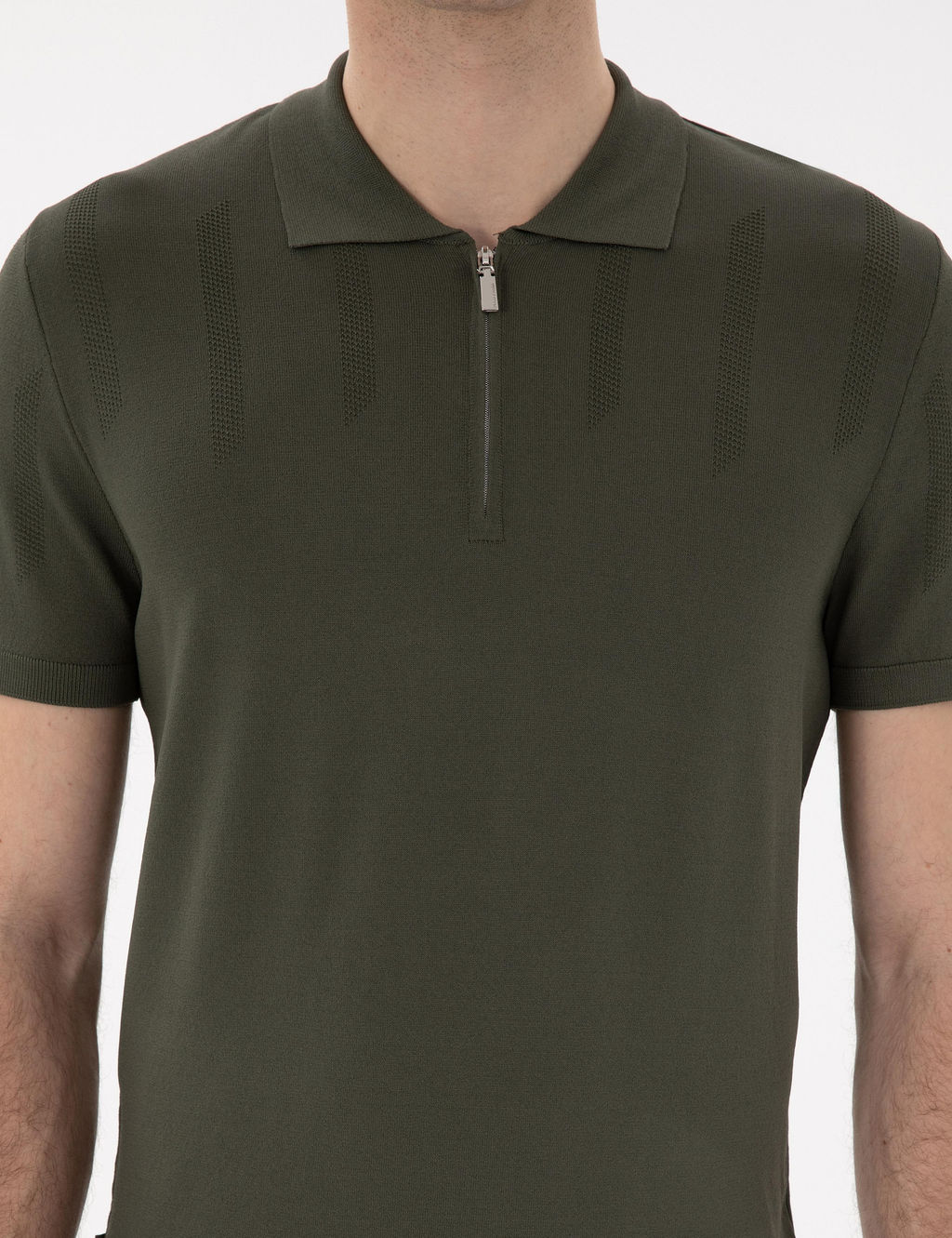 Haki Slim Fit Fermuarl_ Polo Yaka Triko Ti__rt