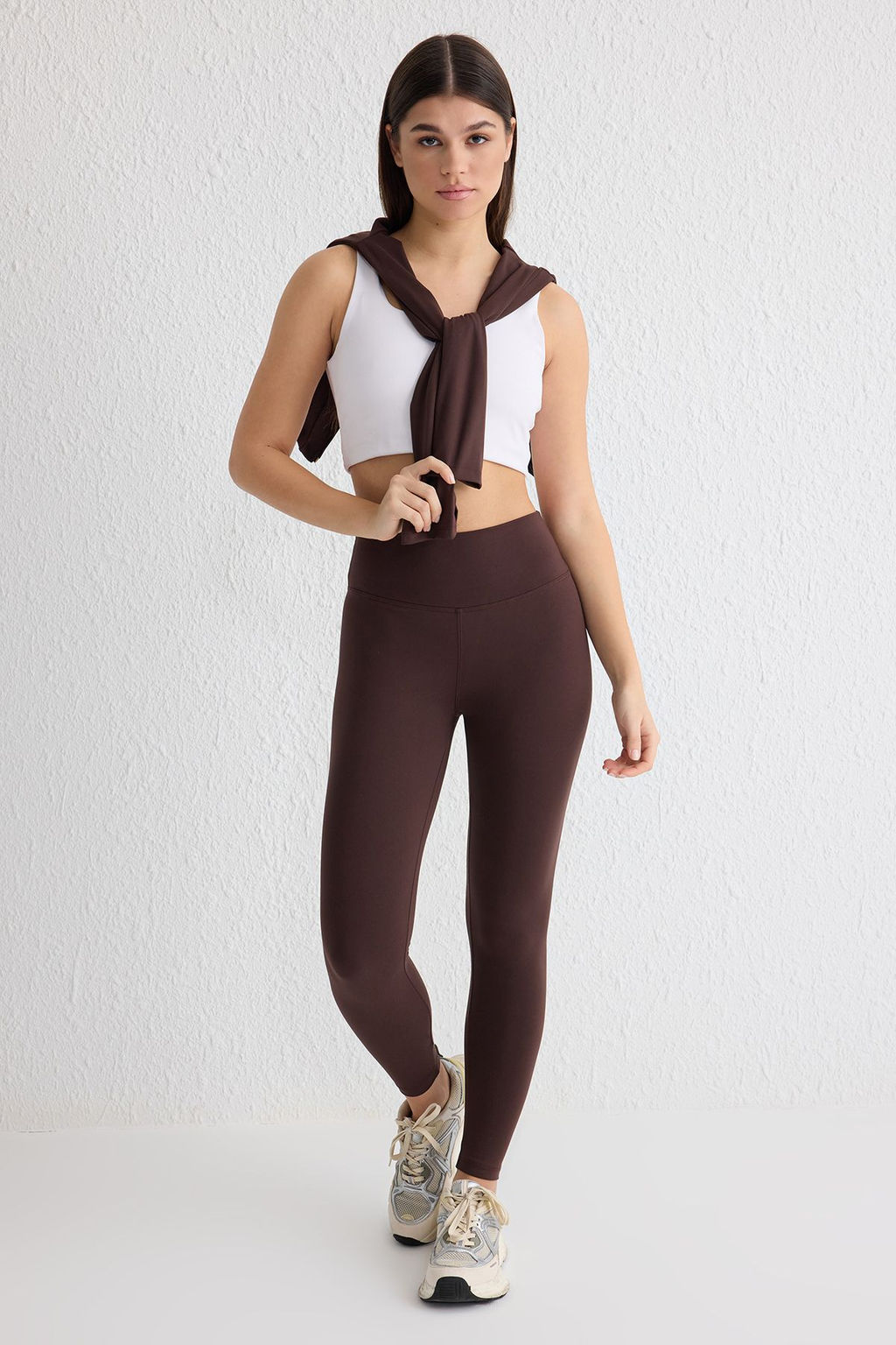 Kahverengi Soft F?rcal? Kumas Reflektor Bask? Detayl? Tam Boy Orme Spor Tayt THMAW25TY00020