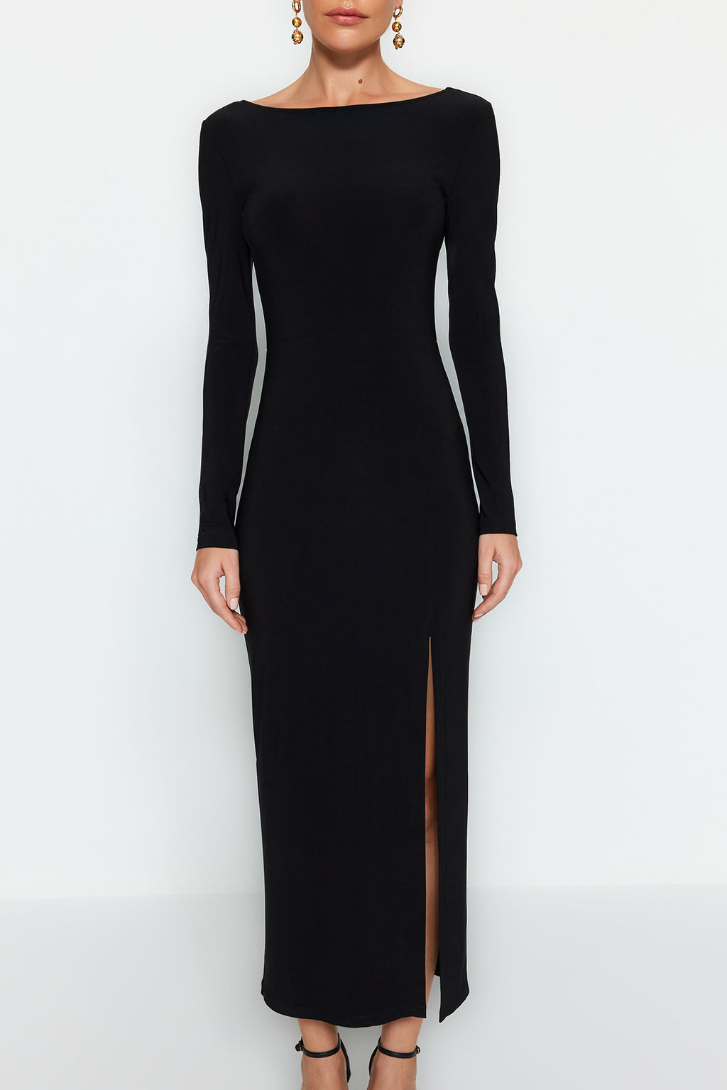 Trendyolmilla Siyah Kay?k Yaka S?rt Dekolteli Y?rtmacl? Fitted/Vucuda Oturan Maxi Esnek Orme Elbise TWOAW24EL00824 фото 4