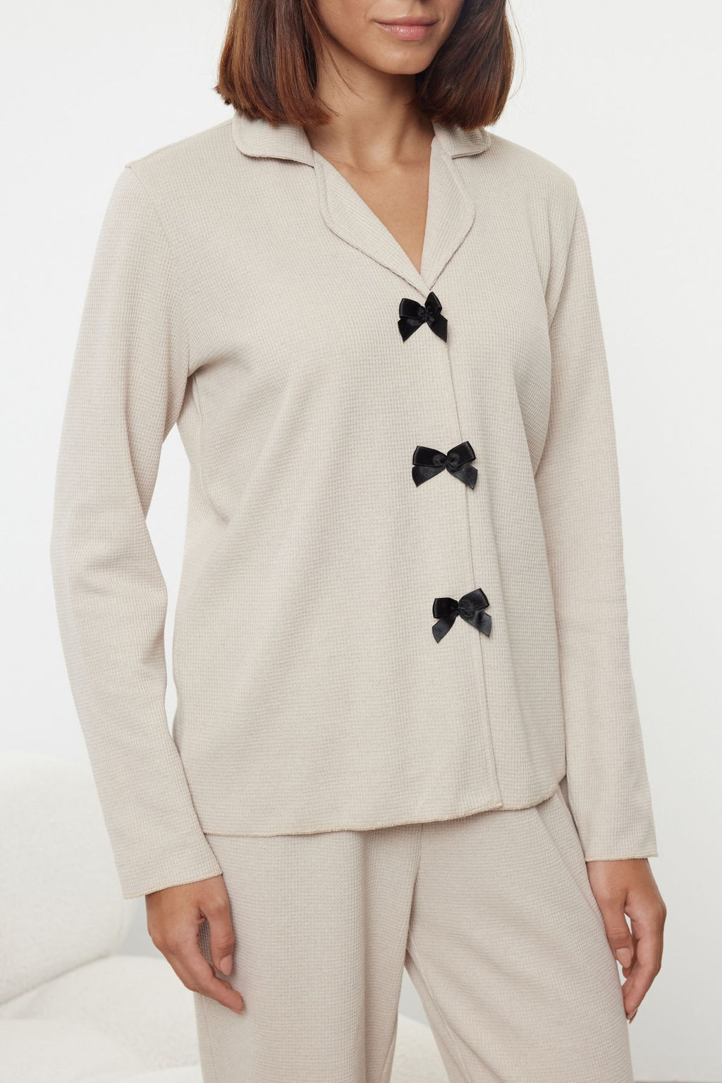 Trendyolmilla Bej Kurdele/Fiyonklu Waffle Kumas Orme Pijama Tak?m? THMAW25PT00195  фото 4