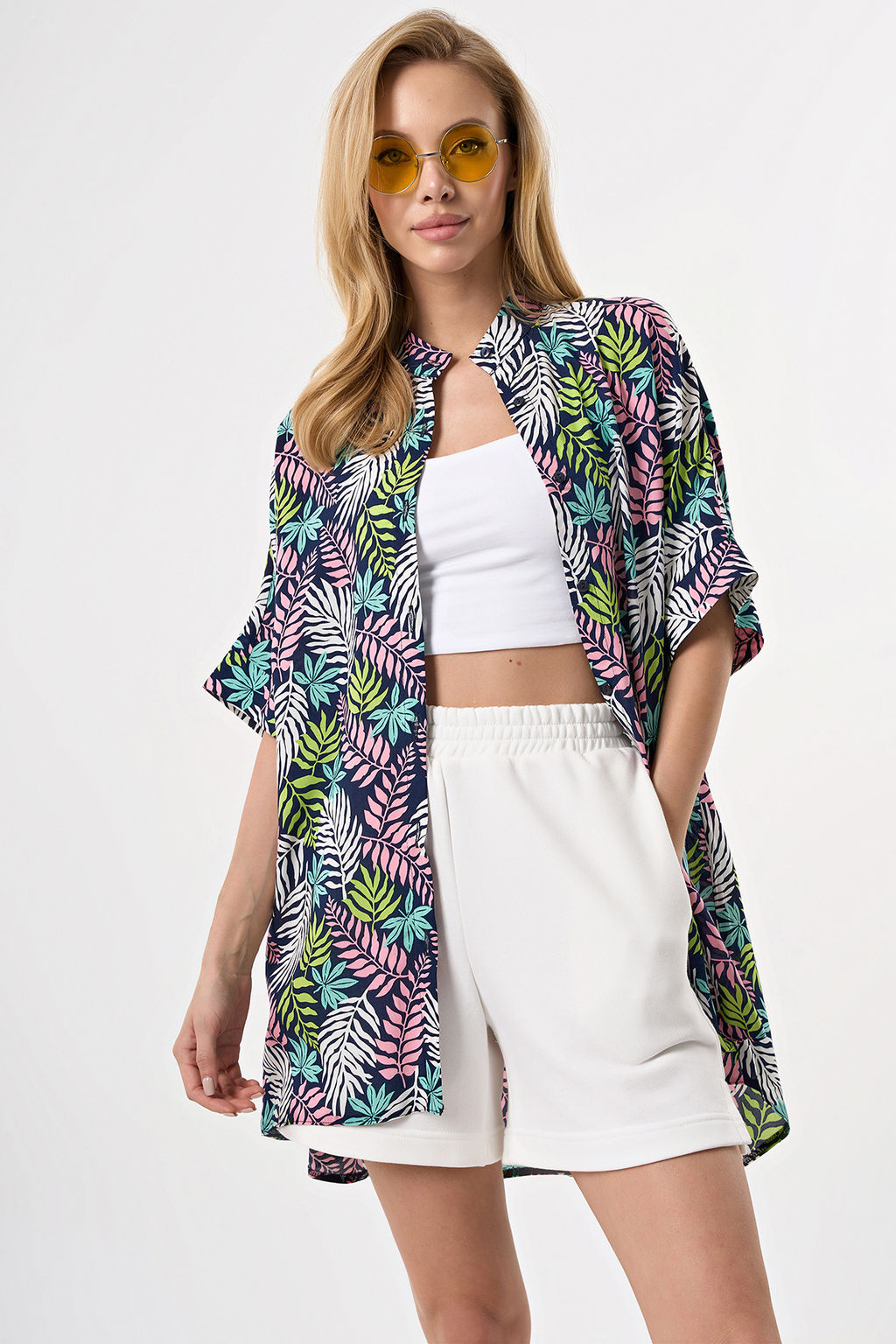 Рубашка летняя с коротким рукавом из хлопка с принтом на синем - Fly фото 7