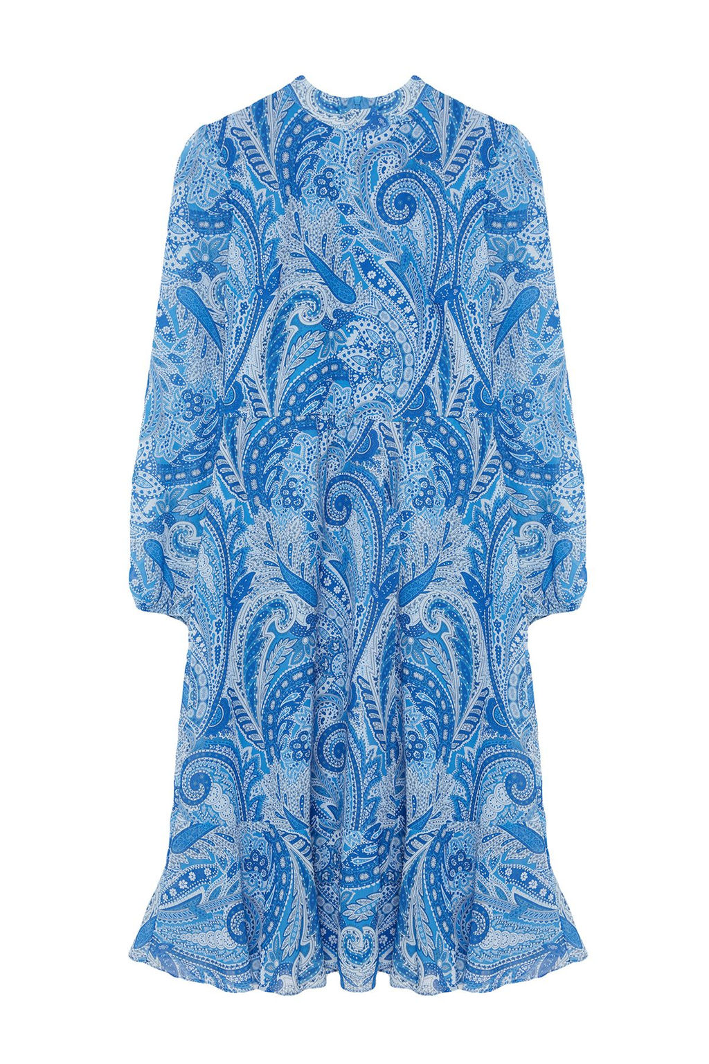 Koyu Mavi Desenli Volanl? Midi Dokuma Elbise TWOAW23EL01436