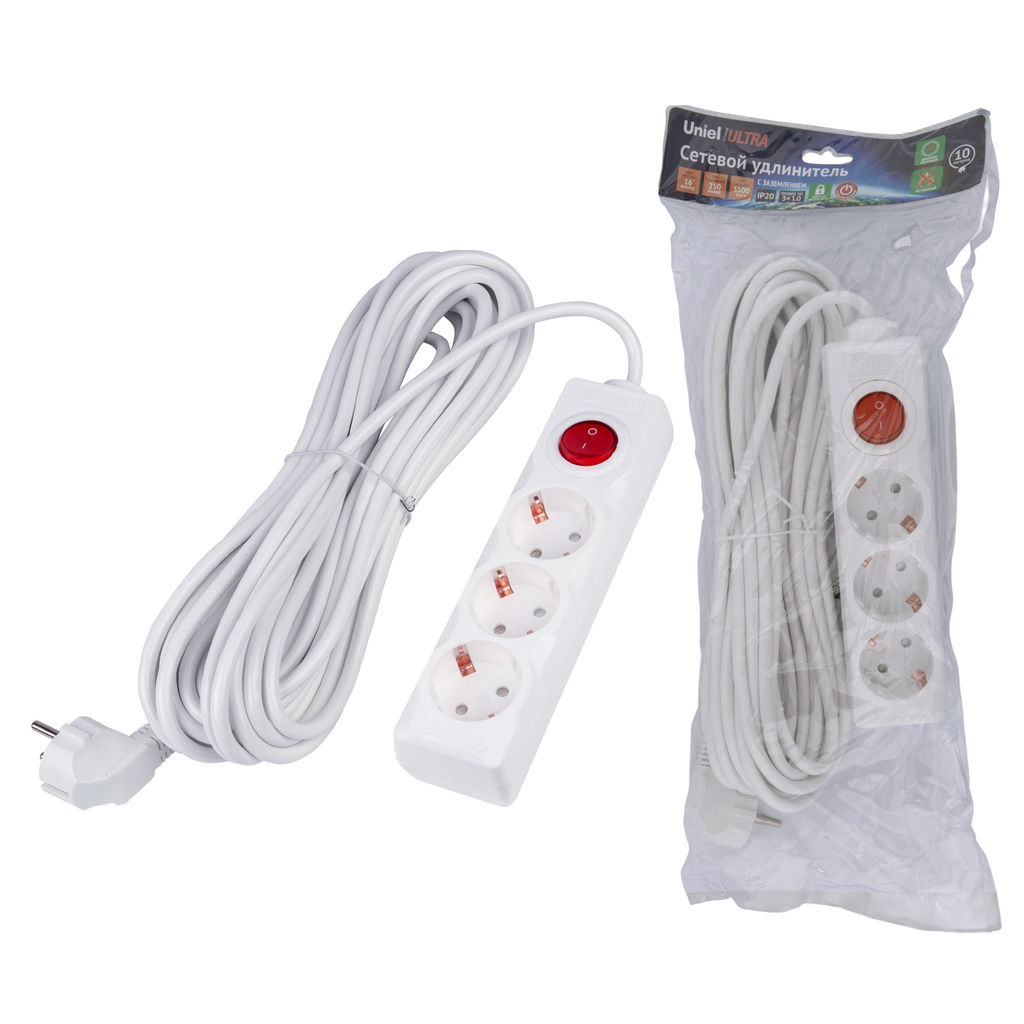 S-GCU3-10B WHITE Удлинитель серии Ultra, шнур 10м., 3 гнезда, 16A, с/з. Белый. TM Uniel
