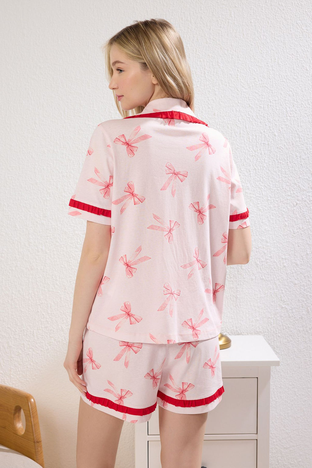 Trendyolmilla Pembe %100 Pamuklu Kurdele/Fiyonklu F?rf?rl? Sortlu Orme Pijama Tak?m? THMSS25PT00293 фото 12