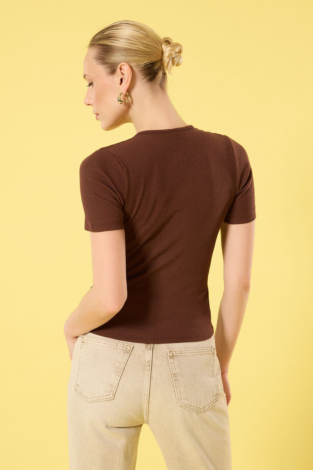 Kahverengi Kruvaze V Yaka Fitilli Esnek Regular Orme Bluz TWOSS25BZ00373 - Trendyolmilla фото 4