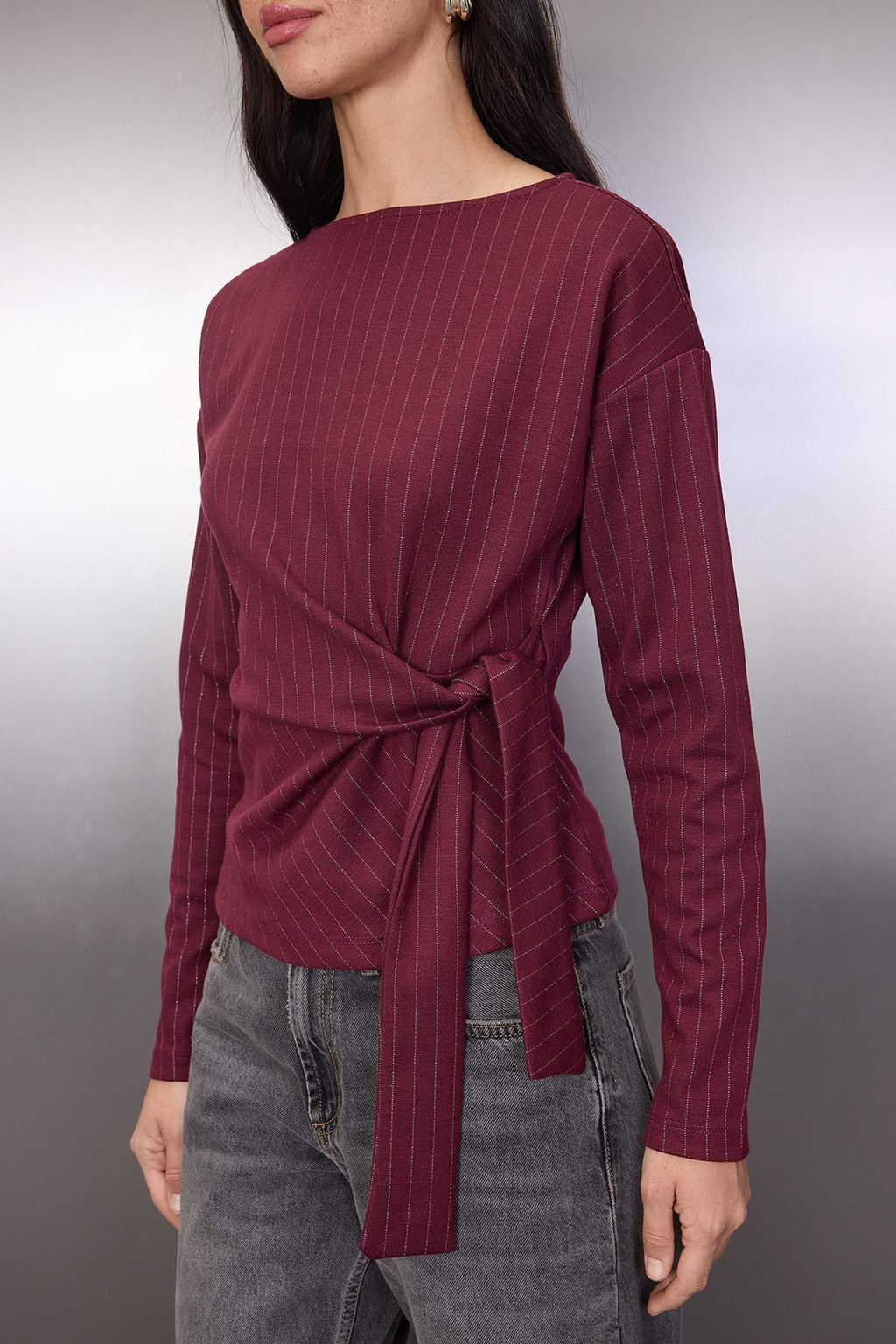 Bordo Cizgili Baglama Detayl? Uzun Kol Kay?k Yaka Orme Bluz TWOAW26BZ00326 - Trendyolmilla фото 3