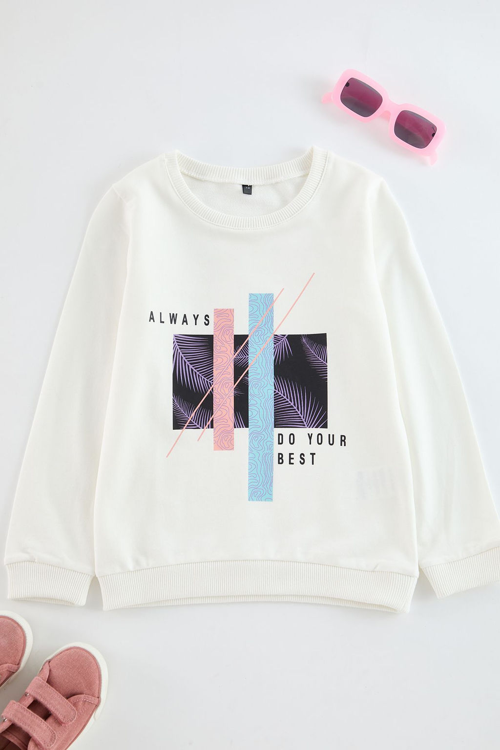 Ekru*002 K?z Cocuk Bask?l? Bisiklet Yaka Pamuklu Orme Sweatshirt TKDAW25SW00043