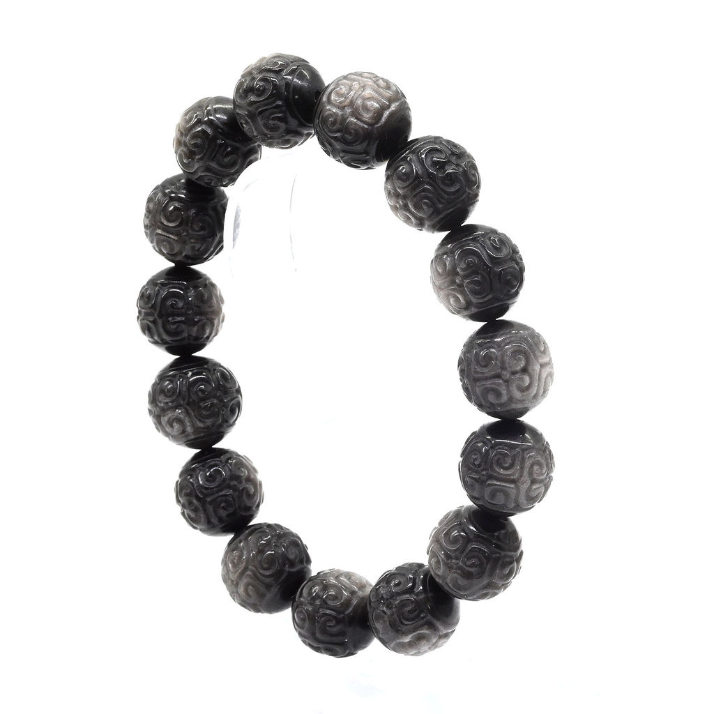 Браслет из Обсидиана шарик резной 14мм, 55г